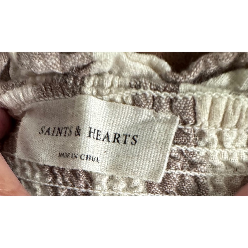 Saints & Hearts Tan White Striped Smocked Puff Sleeve Midi Dress Size Small - Picture 3 of 8